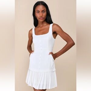 Lulus Poised And Chic White Linen Pleated Mini Dress With Pockets - Size L